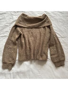 Axes Femme Camel Brown Pearl Cable Knit Off Shoulder Balloon Sleeve Sweater M